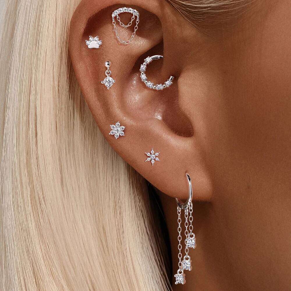 Aide S925 Sterling Moissanite Snowflake Piercing Earrings Chain Dangle Studs Silver Color Earring for Layered Ear Jewelry