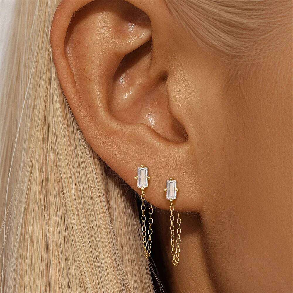 Aide S925 Silver Long Tassel Chain Zircon Stud For Women Piercing Dangle Earring Pendant Wedding Bride Jewel Gift Aretes