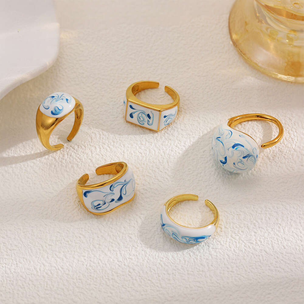 Fashion Porcelain Ring Vintage Enamel Painting Oil Blue and White Pattern Rings for Women New Chinese Style Open Fashion Irregular Ring Hand Accessori