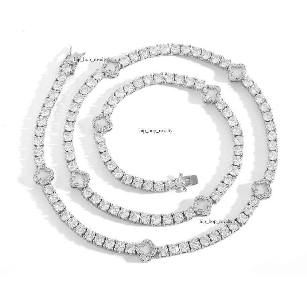 14k White Gold Plated 925 Silver Exquisite 12mm Miami Cuban Necklace Black Clover Tennis Chain VVS Moissanite Jewelry