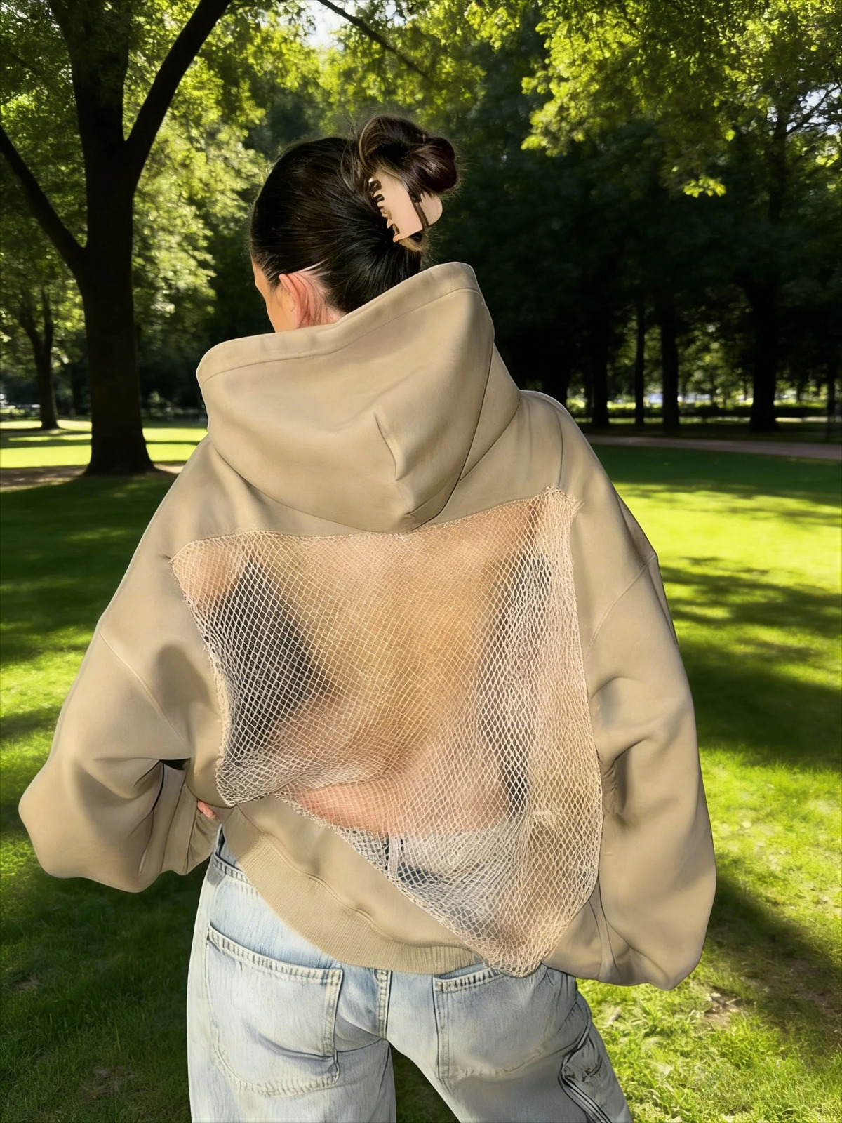 Womens Pure Cotton Hoodie with Backless Mesh Loose Fit Casual Long Sleeve Streetwear Fashion Sweatshirt for Women 251230