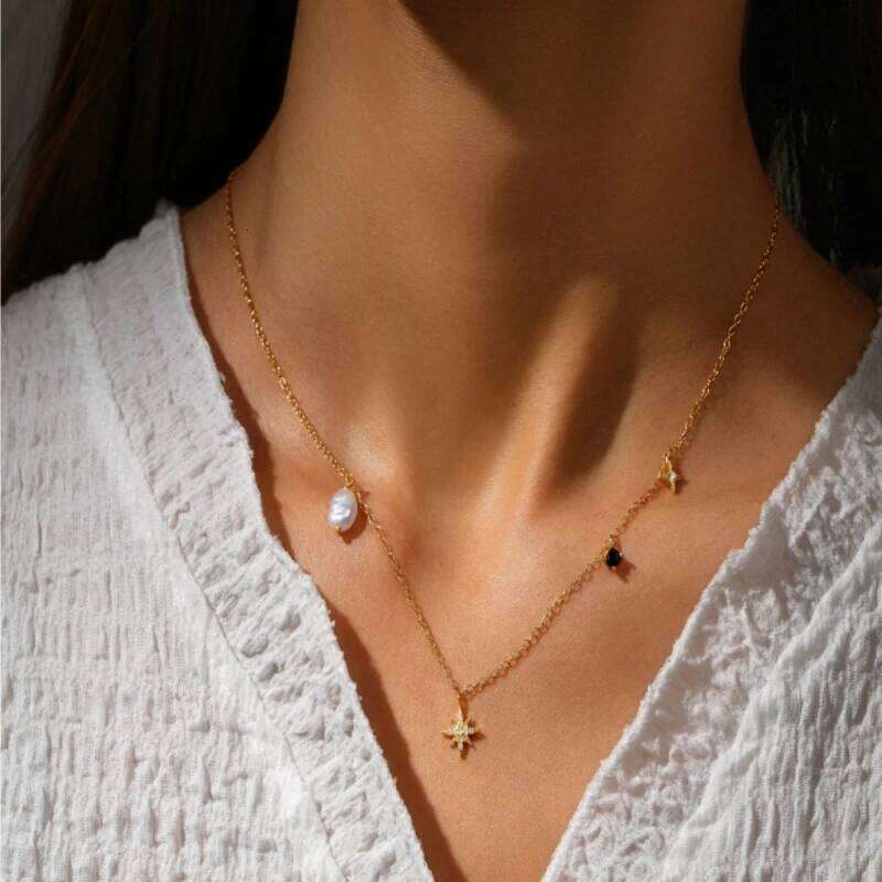 Aide 925 Sterling Silver Baroque Pearl With Eight Pointed Star Pendant Necklace For Women 18k Gold Chain Collar Elegant Jewelry