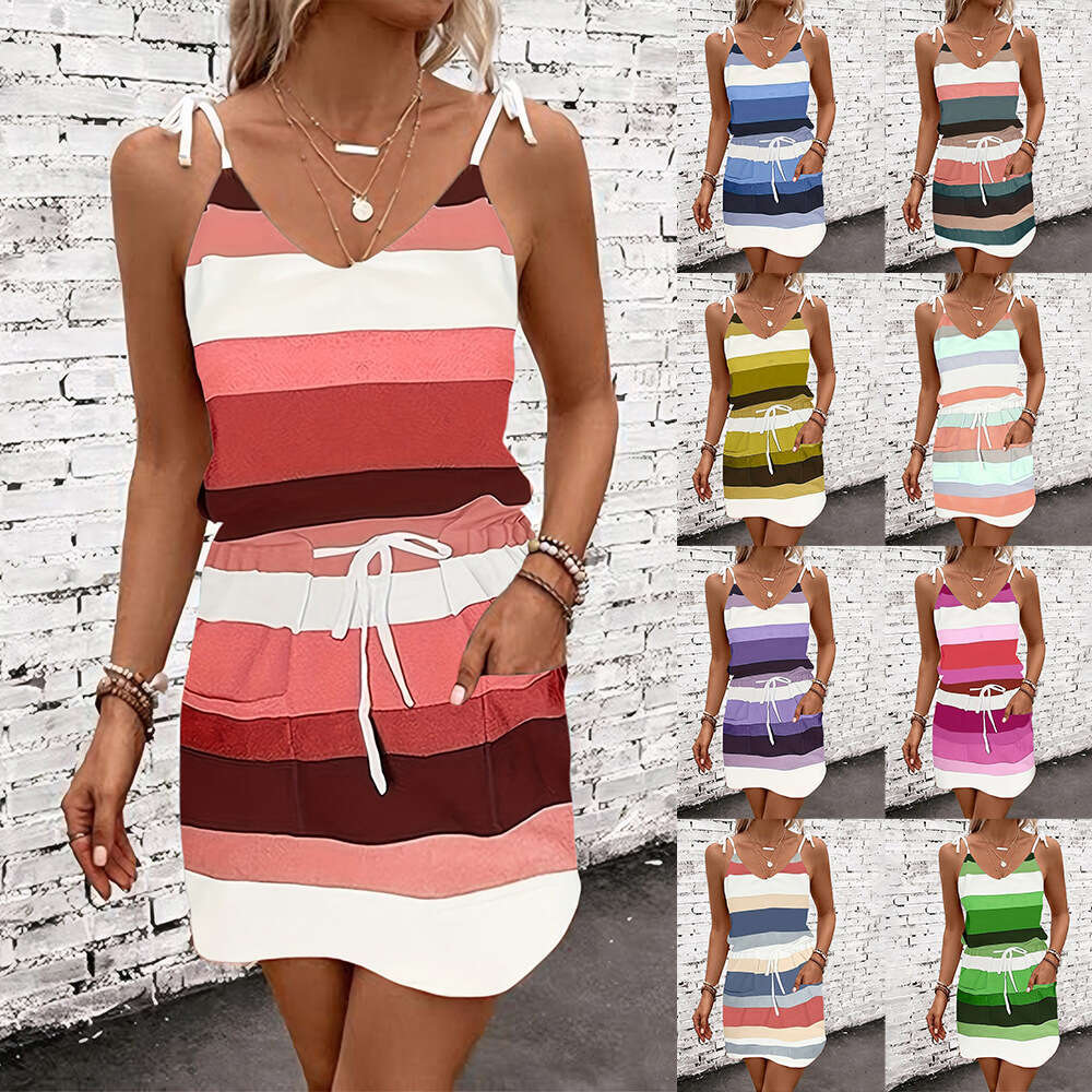 2025 European and American Cross-Border Independent Station Summer Women's Clothing Strap Drawstring Loose Color Block Striped Vest Dress