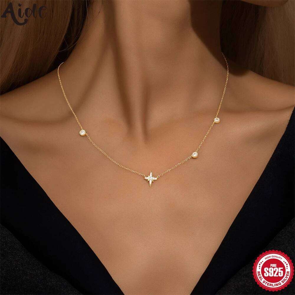 Aide 925 Sterling Silver Geometric Zircon Stacked Necklace For Women Ins Minimalism Eight Pointed Star Fine Jewelry