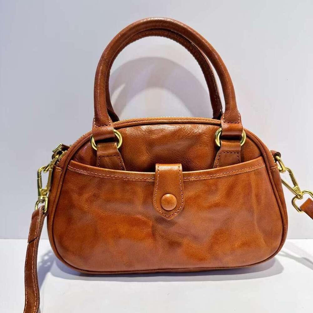 Luxury shoulder bag handbag Hobo retro bowling bag European and American style genuine leather women's top layer plant tanned cowhide new crossbo