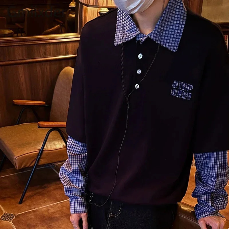 Autumn Retro Loose American Two-piece POLO Shirt Long-sleeved T-shirt Mens Versatile Fashion Couple Splicing Shirt Chic 251230