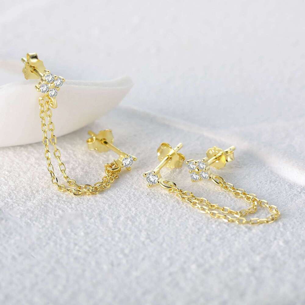 Aide 925 Sterling Silver Four Zircons Flower Stud Earrings For Women Double Studs Chain Tassel Piercing Earring 18K Gold Plated