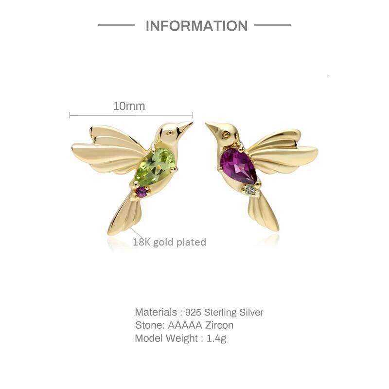 Aide 925 Sterling Silver Green Purple Cubic Zirconia Bird Stud For Women Vintage 18K Gold Plated Mismatched Earrings