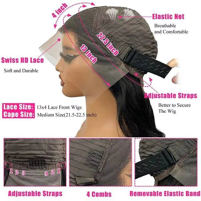 13x4 Lace Front Brazilian Hair Body Wave Natural Black Remy Hair Transparent Lace Bleached Bangs for Women Medium Length Wigs