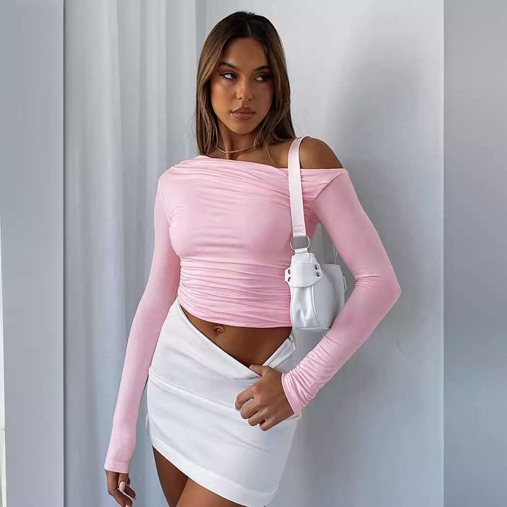 Cross-Border European and American Women's Clothing Asymmetrical Off-Shoulder Solid Color Crop Top Long Sleeve Sexy Slim Fit Elegant T-Shirt
