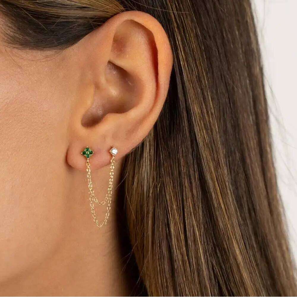 Aide 925 Sterling Silver Four Zircons Flower Stud Earrings For Women Double Studs Chain Tassel Piercing Earring 18K Gold Plated