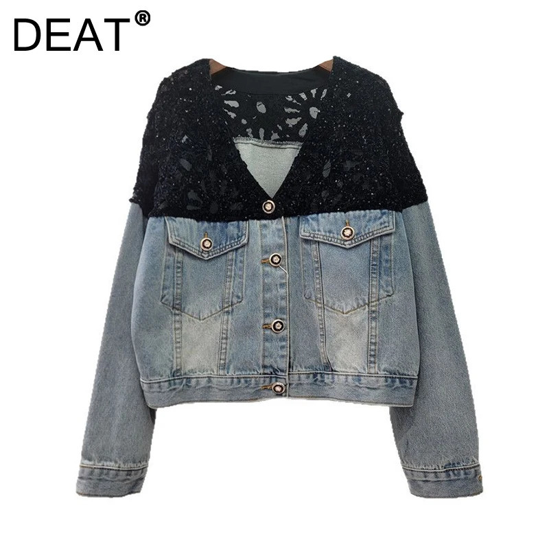 DEAT Womens Denim Jackets Vneck Patchwork Sequins Long Sleeve Perspective Shoulder Coats Summer Fashion 29A968 251229