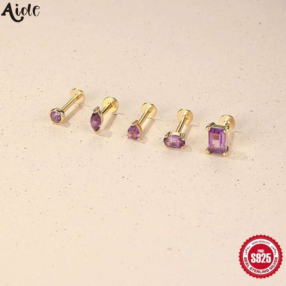 Aide Plata 925 Sterling Silver 1 Piece Natural Amethyst Piercing Earrings Flat Head Threaded Puncture Ear Bone Studs Jewelry