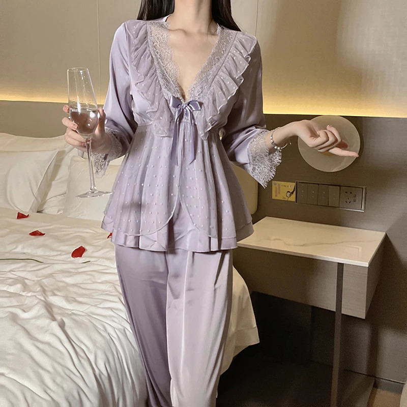 Womens lace satin home sleepwear set deep V sweet top pants two pieces of clothes big size white black purple 251231