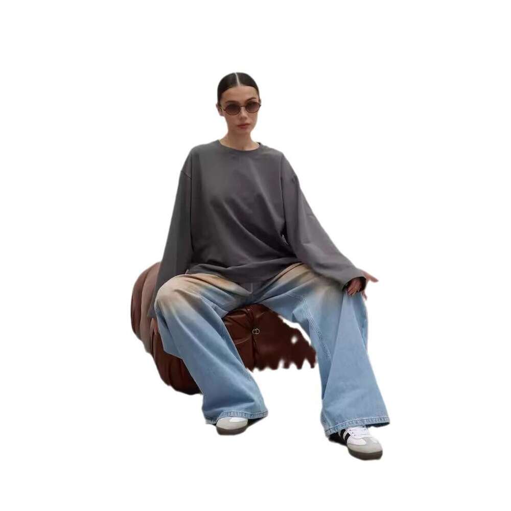 260g Combed Cotton Solid Color Long Sleeve T-Shirt for Women, European and American Style, Cross-Border Hot Sale, Loose Casual Round Neck Top, High Qu