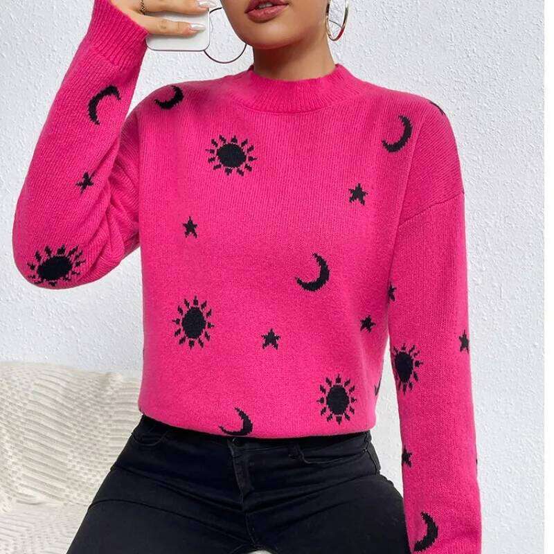 Spring And Autumn Women's Pullover Round Neck Flocking Geometric Screw Thread Contrast Color Long Sleeve Sweater Casual Tops