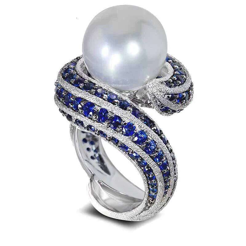 Huitan Hyperbole Personality Women Irregular Shaped Full with Blue CZ Imitation Pearl Wedding Rings Hot Trendy Jewelry