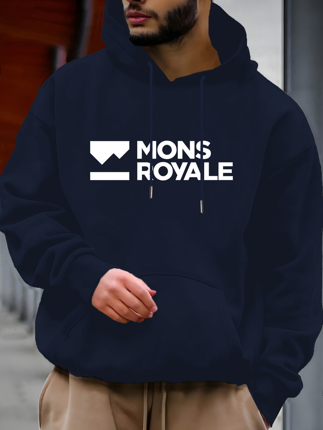 Men'S "MONS ROYALE" Graphic Print Hoodie - Soft Blend, Long Sleeve Pullover with Front Pockets, Beige, Perfect for Fall & Winter, Casua