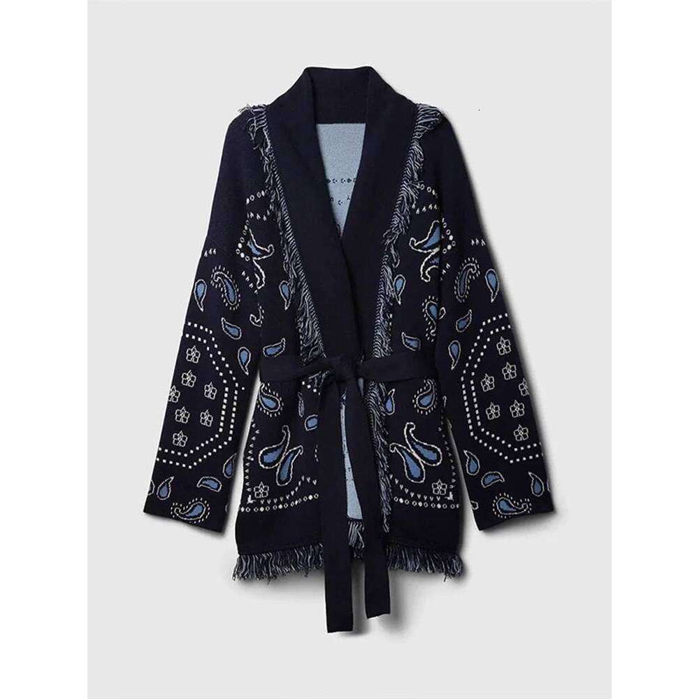 Vintage Tassels Women's Print Cardigan V-Neck Lace Up Full Sleeve Spliced Sweaters Autumn Lady All-Match Kintwears