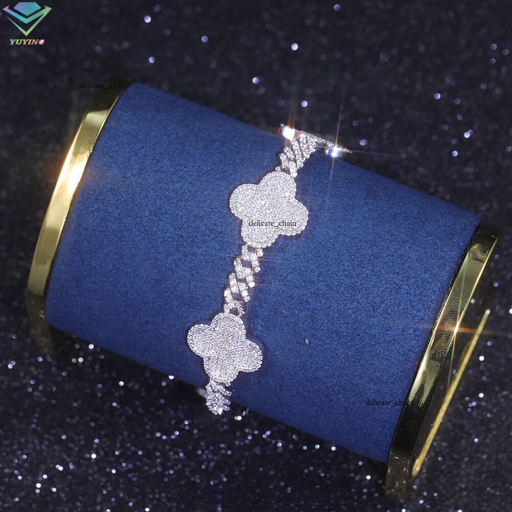 925 Silver Gold Plated Clover VVS Moissanite Silicon Stone Bracelet New Design Cuban Men and Women Hip Hop Style Chain