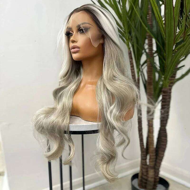 13x4 Middle Part Glueless Heat Resistant Platinum Ash Streaks Dark Roots Highlights Body Wave Lace Front Wig 26 Inch