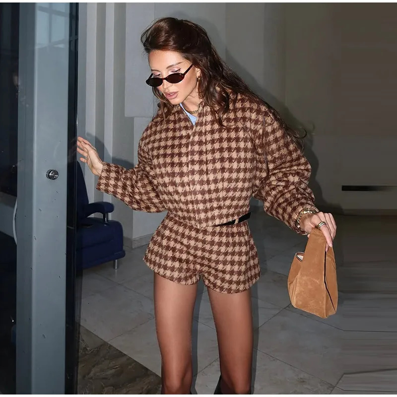 Spring Retro Plaid Women Set Casual Chic Full Sleeve Zipper Jacket High Waist Pockets Shorts Lady Office Suit Commute 251231