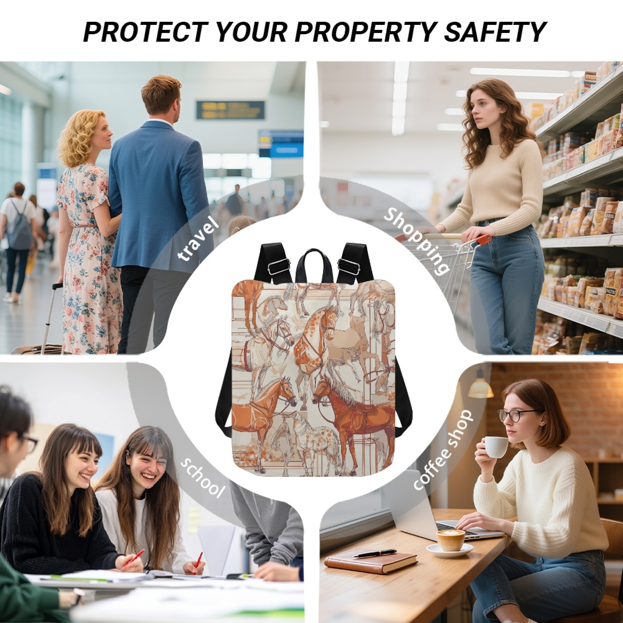 Custom H Designer Fashion Anti Theft Backpack Luxury Horse Pattern Unisex Full Print Backpack Laptop Bag Travel Bag H45