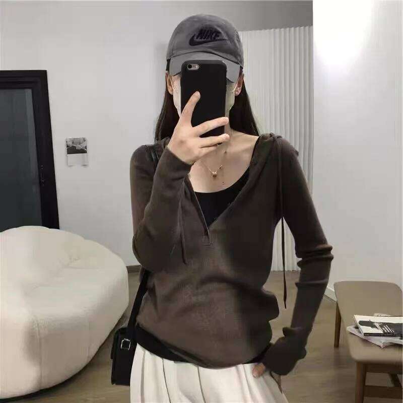 New Women's Pullover Hooded Sweater Spring And Autumn V-Neck Lazy Style Versatile Fashion Cashmere Solid Color Pul