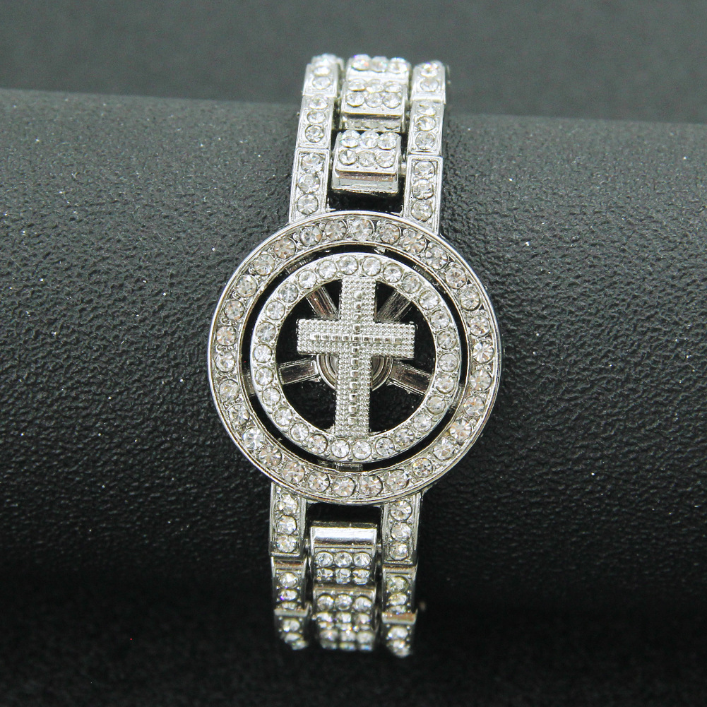 Luxury Brand Designer Jewelry European And American Personality Creative Hip-Hop Rotatable Cross Watch Chain Bracelet Men's Domineering Full Diam