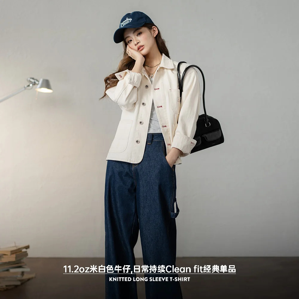 Maden Vintage White Denim Coat 112OZ Turndown Collar Jacket Loose Casual Single Breasted Women Clothing 251229