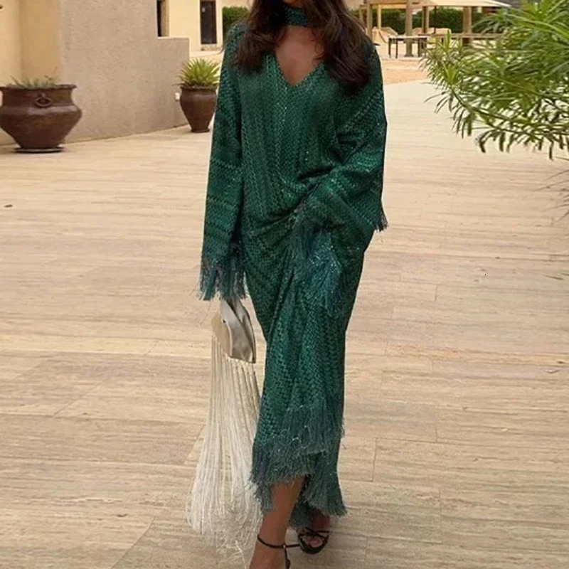 Elegant Tassel Stripe Long Dresses for Women Sexy Off Shoulder with Scarf Sleeve Vintage Dress Fashion Party Vestidos 251231