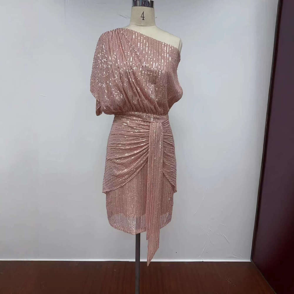 European and American Cross-Border Women's Party Club One-Shoulder Ribbon Toast Fashion Trendy Mesh Sequin Dress