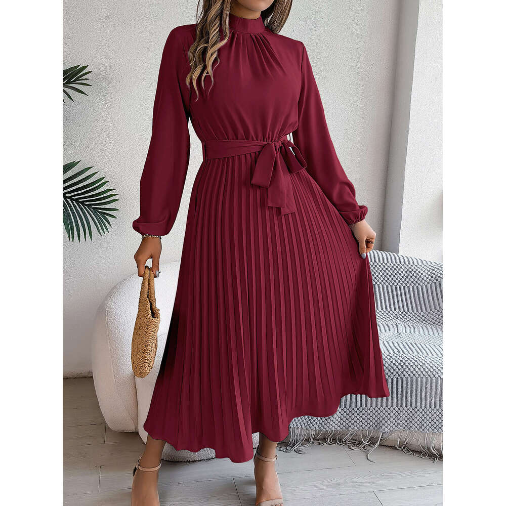 2026 European and American Autumn Winter Elegant Stand Collar Sleeve Waist Pleated Long Dress Small Gown Cross-Border Women's Fashion