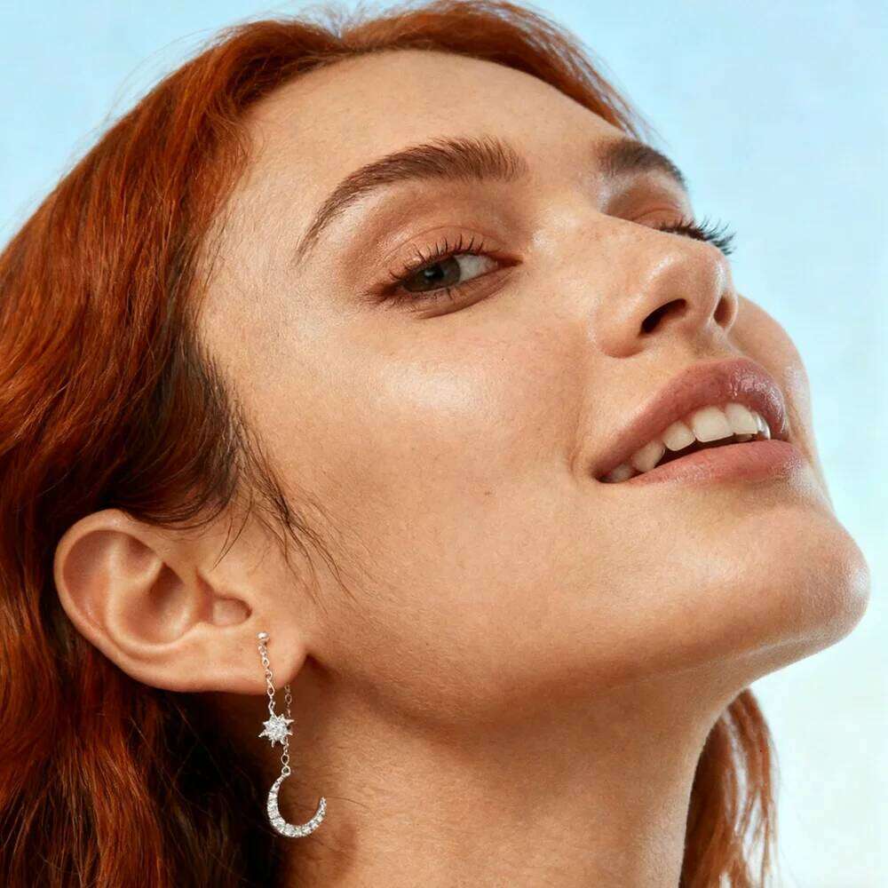 Aide 925 Sterling CZ Star Moon Asymmetric Hoop Earrings for Women Girls Silver Christmas Party Jewelry Gifts