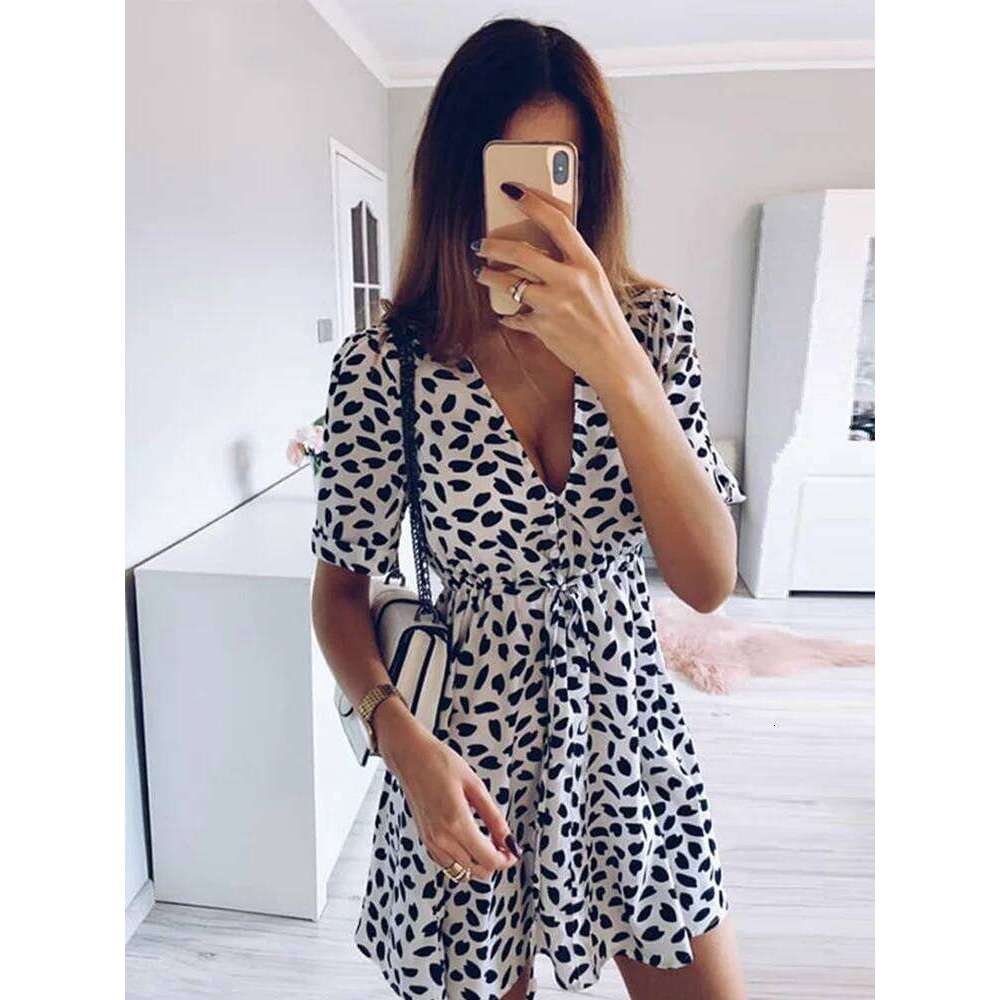 White Sand Spot Mini Summer Dresses Women V Neck Casual Beach Sundress Sexy Botton Wrap Bodycon Dress Female