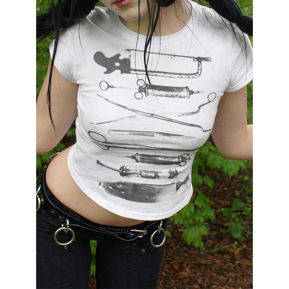Dark Printed Cropped T Shiirt Gothic Casual Slim O-Neck Short Sleeve Tees Women 2024 Summer Fashion Streetwear Ladies