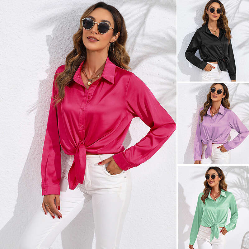 2026 Spring Autumn Hot-Selling Real Shot European and American Cross-Border Women's Solid Color Satin Long Sleeve Blouse