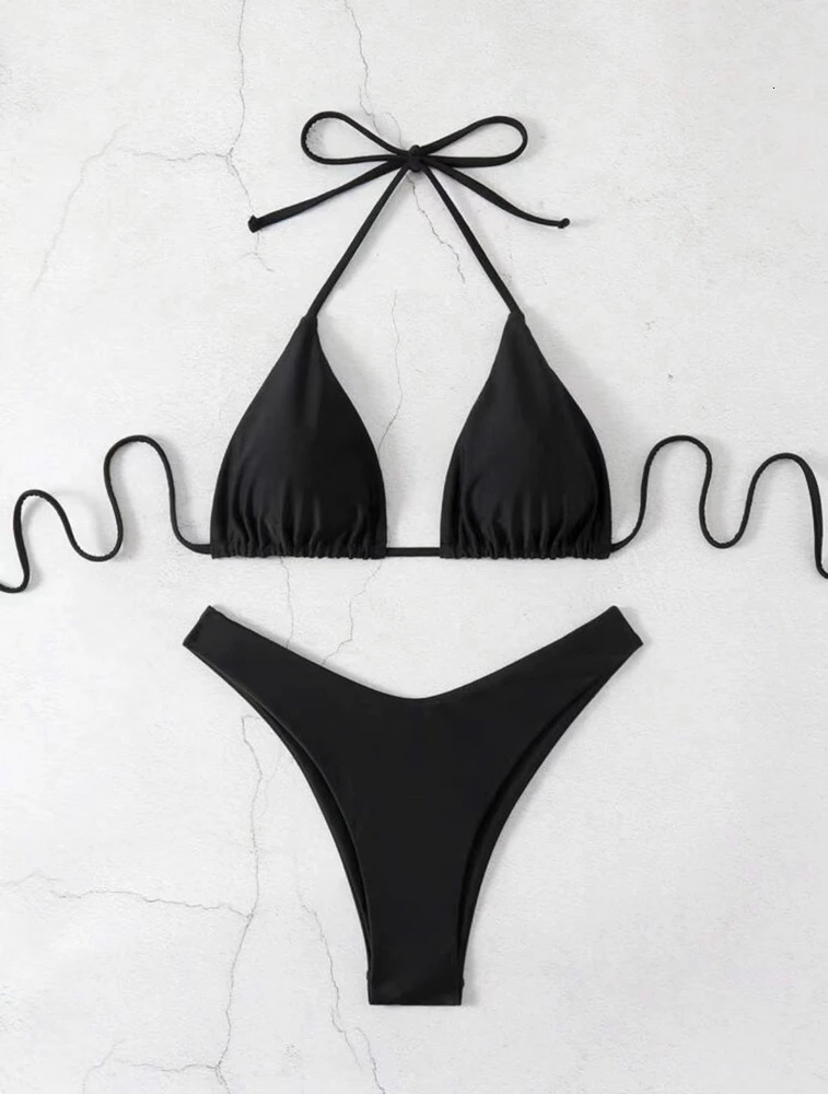 Bikini Set Women Sexy Simple Solid WhiteBlackCoffee Halter Swimsuit Lace Up Brazilian Beach Bathing Suit 251231