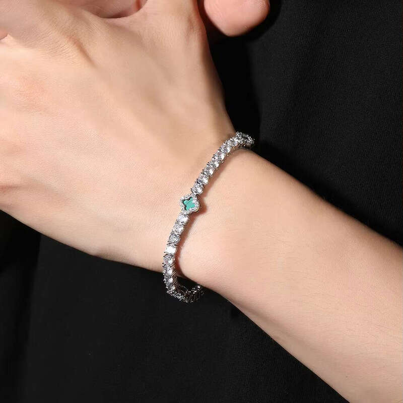 VVS Moissanite Fashion Women's 4mm Brass Green Agate Iced Lucky Four-Leaf Clover CZ Tennis Valentine's Day Bracelet