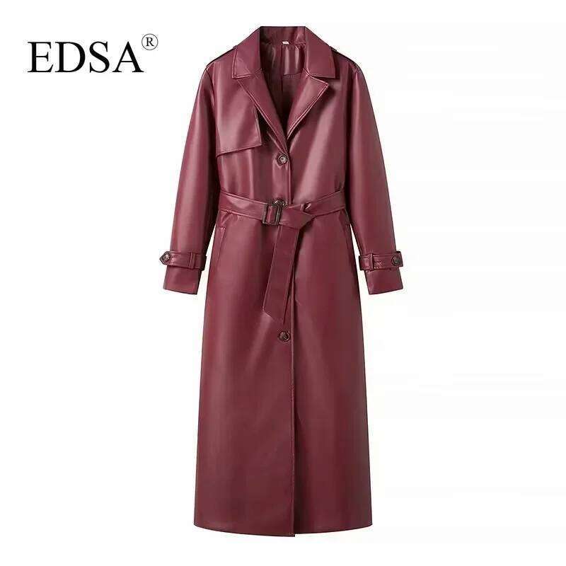 EDSA Women Luxury Faux Leather Jacket Coat With Belt For Autumn Winter Loose Long Windbreaker Trench Vintage Outerwear