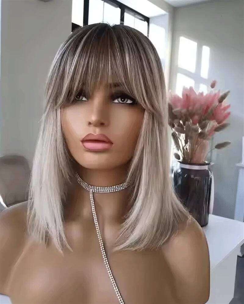 Layered Platinum Brown With Bangs Lace Front Wig Long Straight 16 Inches Synthetic Wigs For Women Daily Use