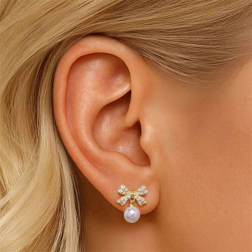 Aide Luxury 925 Sterling Silver Bow With Stud For Women Shiny Pearl Pendant Earrings Handmake Rhombic Studs