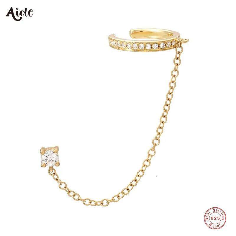 Aide 1pc 925 Sterling Silver Shimmering Clear CZ Zircon Ear Cuff With Chain Tassel Stud For Women Gift Cartilage Clip Earrings