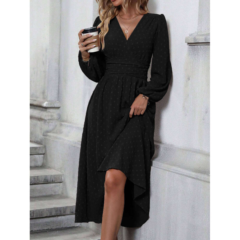 Autumn and Winter New Style Medium Pom-Pom Asymmetrical Neck Lantern Sleeve Ruched Waist Dress