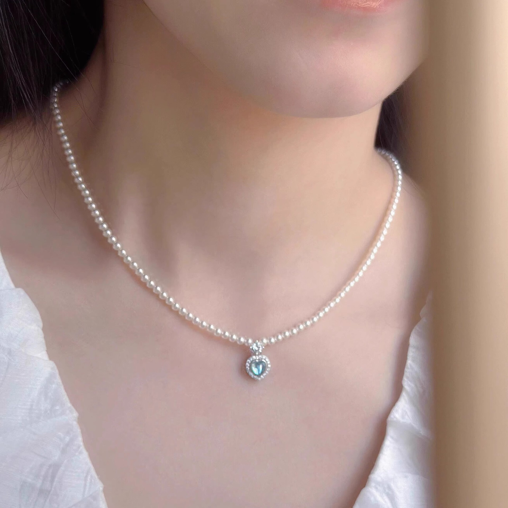 S925 Sterling Silver Natural Aquamarine Heart Necklace for Women - Luxury, Niche Accessories, Pearl Jewelry - High-End Feel