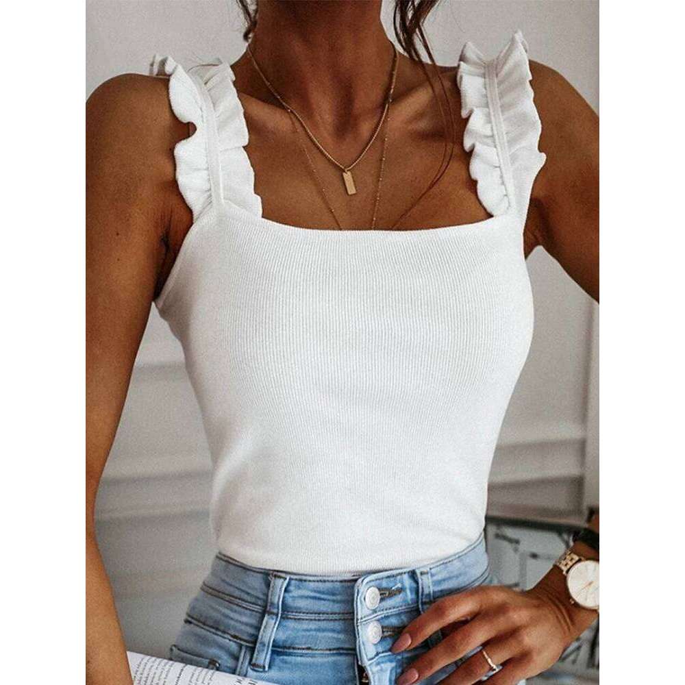 Tank Square Collar Solid Knit Casual Basic Summer Ribbed Slim Ruffles Tops Women