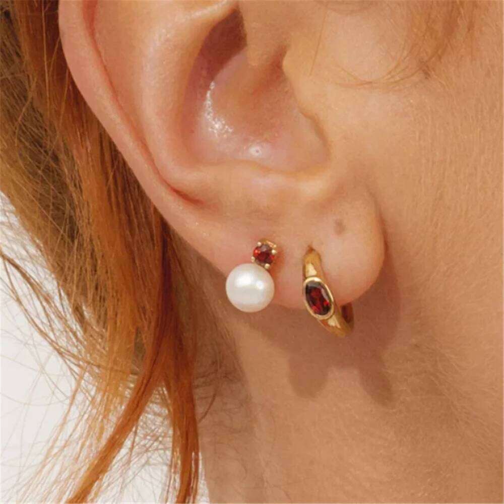 Aide Real 925 Sterling Silver Pearl Stud Earrings Red Zircon Piercing Earring For Women Gold Pendientes Luxury Jewelry Wedding