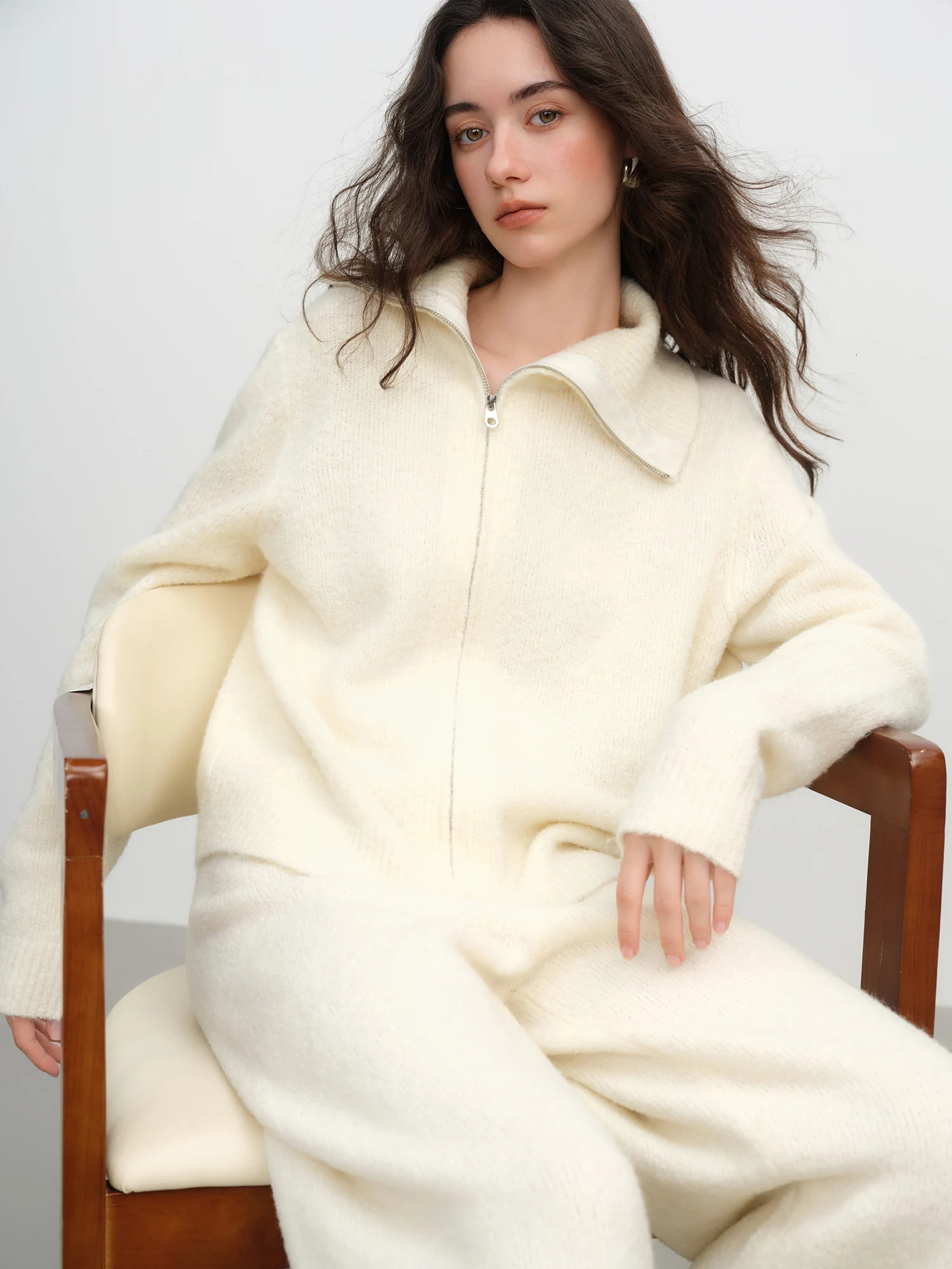 FSLE Winter Womens Textured Loop Yarn Knitted Ensemble Wool Blend Cardigan and Trousers for Cozy Comfort 251231