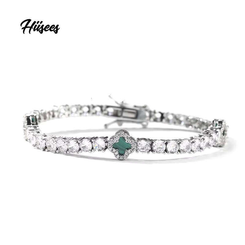 VVS Moissanite Fashion Women's 4mm Brass Green Agate Iced Lucky Four-Leaf Clover CZ Tennis Valentine's Day Bracelet