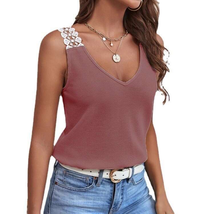 2026 European and American New Women's Solid Color Casual Lace Waffle Patchwork Tank Top T-Shirt